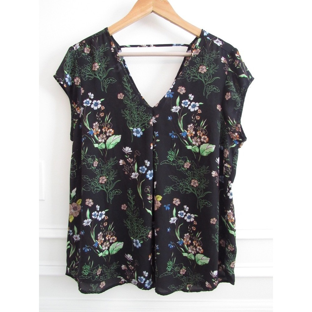 DR2 Womens Black Floral V-Neck Cap Sleeve Blouse Top Sz L Cottagecore